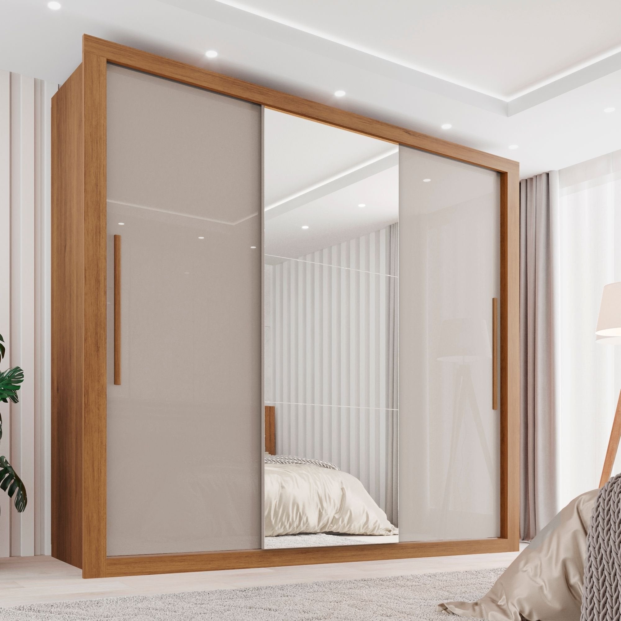 Guarda-Roupa Casal 3 Portas com Espelho 4 Gavetas Costa Rica Sallêto Móveis MDF/MDP Cinamomo/Off-White