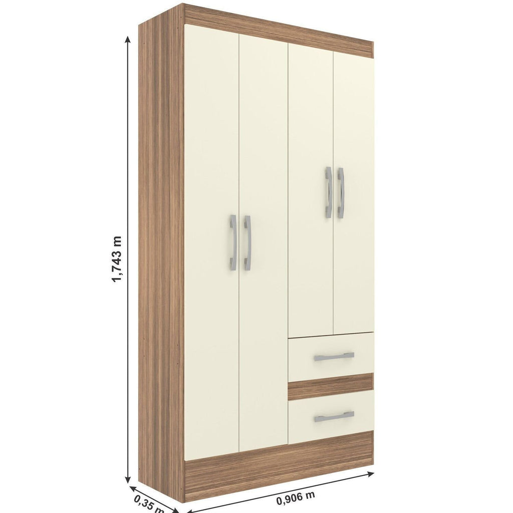Quarto Infantil Completo Guarda-Roupa 4 Portas 2 Gavetas com Cômoda 4 Gavetas 1 Porta Ninho MDP Marrom/Castanho/Off White DiretoSim