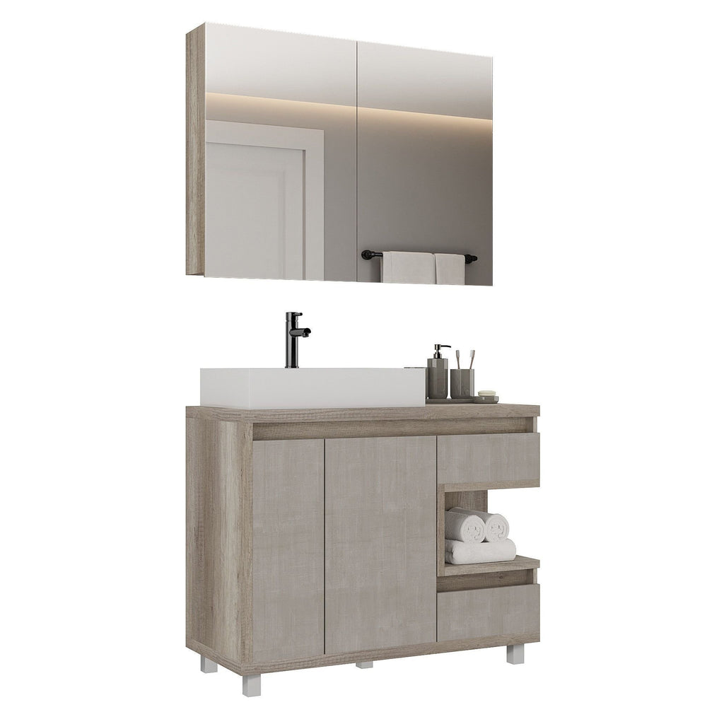 Conjunto para Banheiro Gabinete com Cuba e Espelheira Malba Móveis Bosi 100cm Cinza/Barrique/Argento