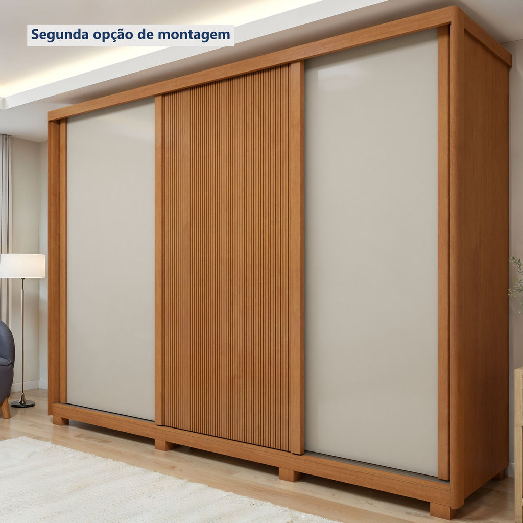 Guarda-Roupa Casal 3 Portas 6 Gavetas com Pés MDF 274cm Ollie Yescasa Marrom Amêndoa Clean/Off White