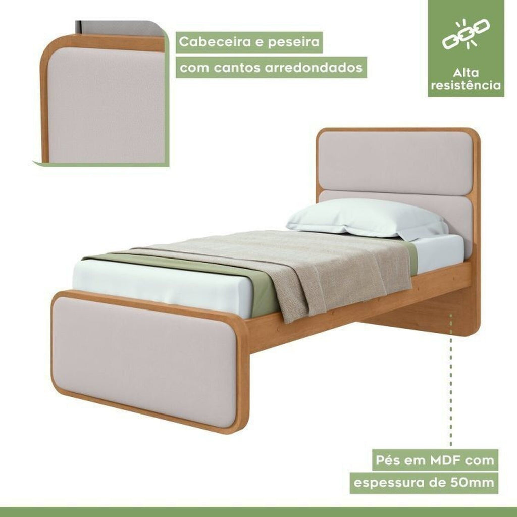 Kit Quarto Infantil com Cama Solteiro Corino e Cômoda 8 Gavetas Loop Móveis Lopas Bege Amêndoa Clean/Off White
