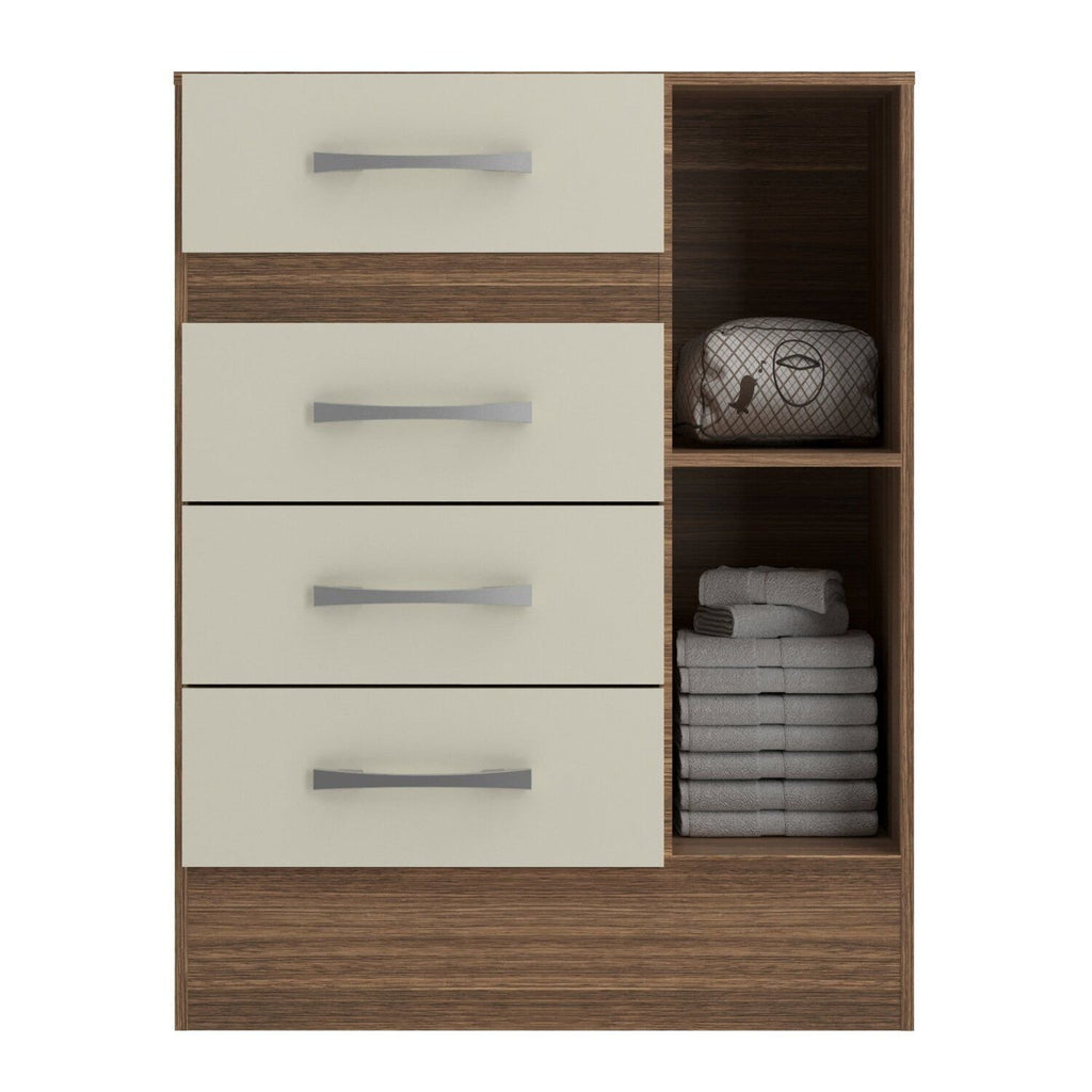Quarto Infantil Completo Guarda-Roupa 4 Portas 2 Gavetas com Cômoda 4 Gavetas 1 Porta Ninho MDP Marrom/Castanho/Off White DiretoSim
