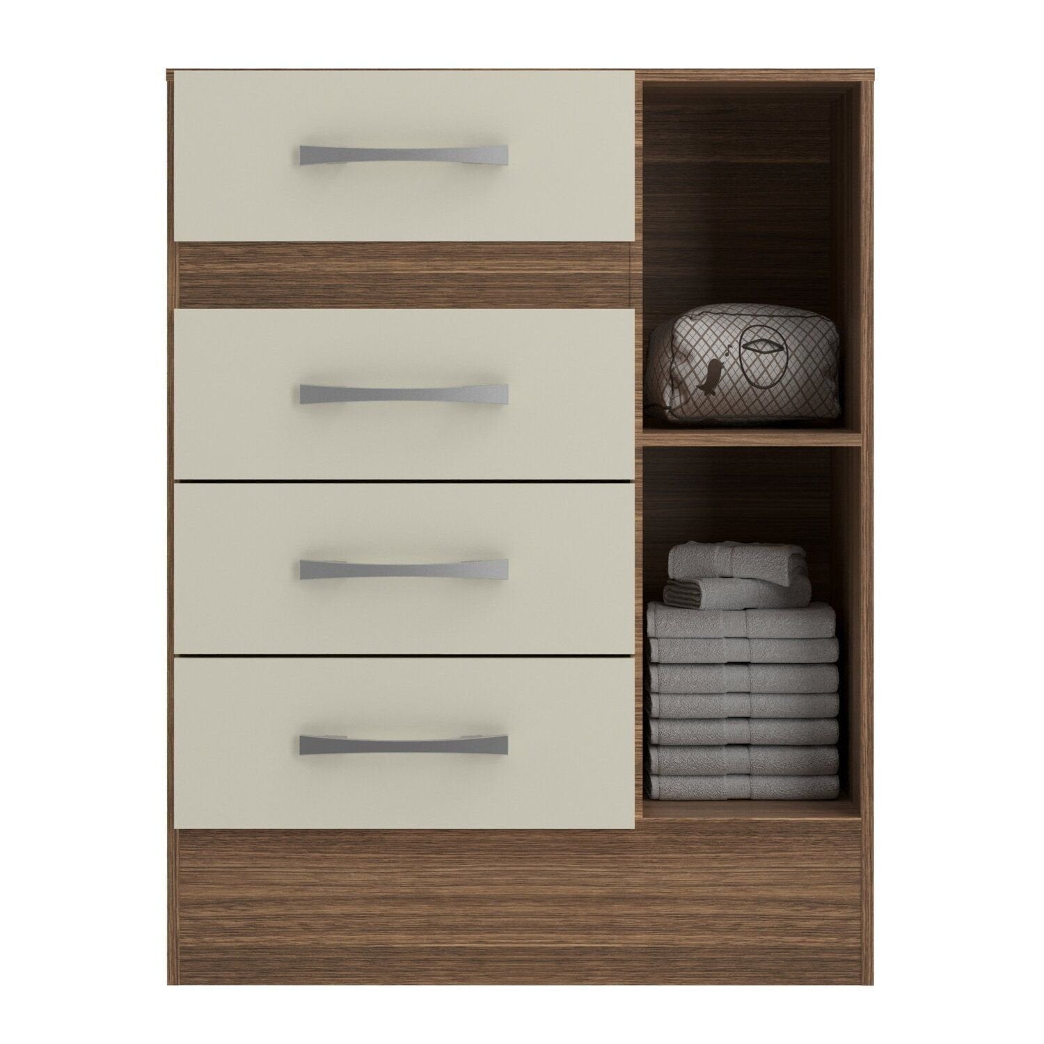 Quarto Infantil Completo Guarda-Roupa 4 Portas 2 Gavetas com Cômoda 4 Gavetas 1 Porta Ninho MDP Marrom/Castanho/Off White DiretoSim