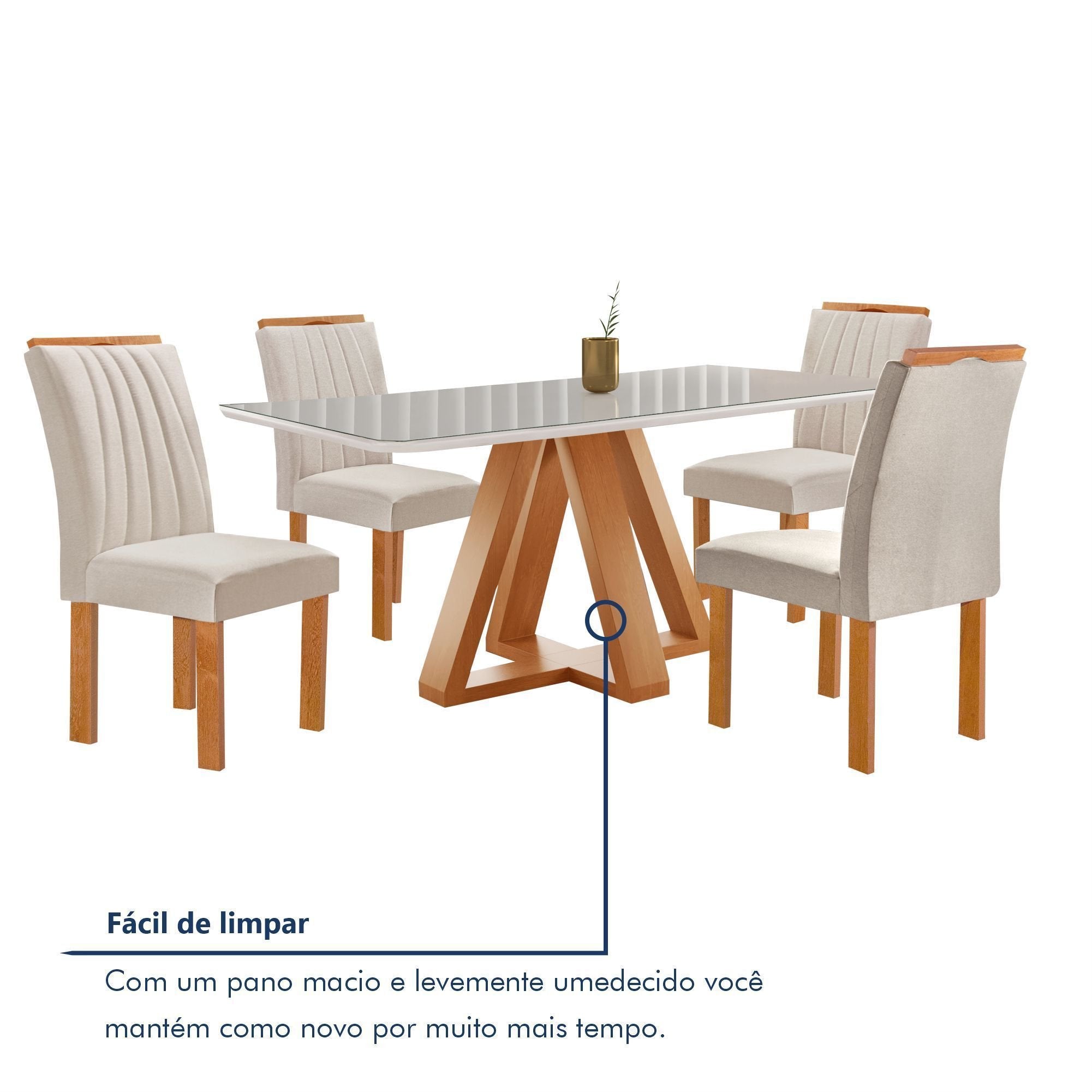 Conjunto Sala de Jantar Mesa Retangular Tampo Vidro Kyra 120x90 com 4 Cadeiras Arizona Cel Móveis