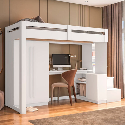 Cama Alta Beliche Office Adulto com Roupeiro e Escrivaninha Moon Yescasa Branco