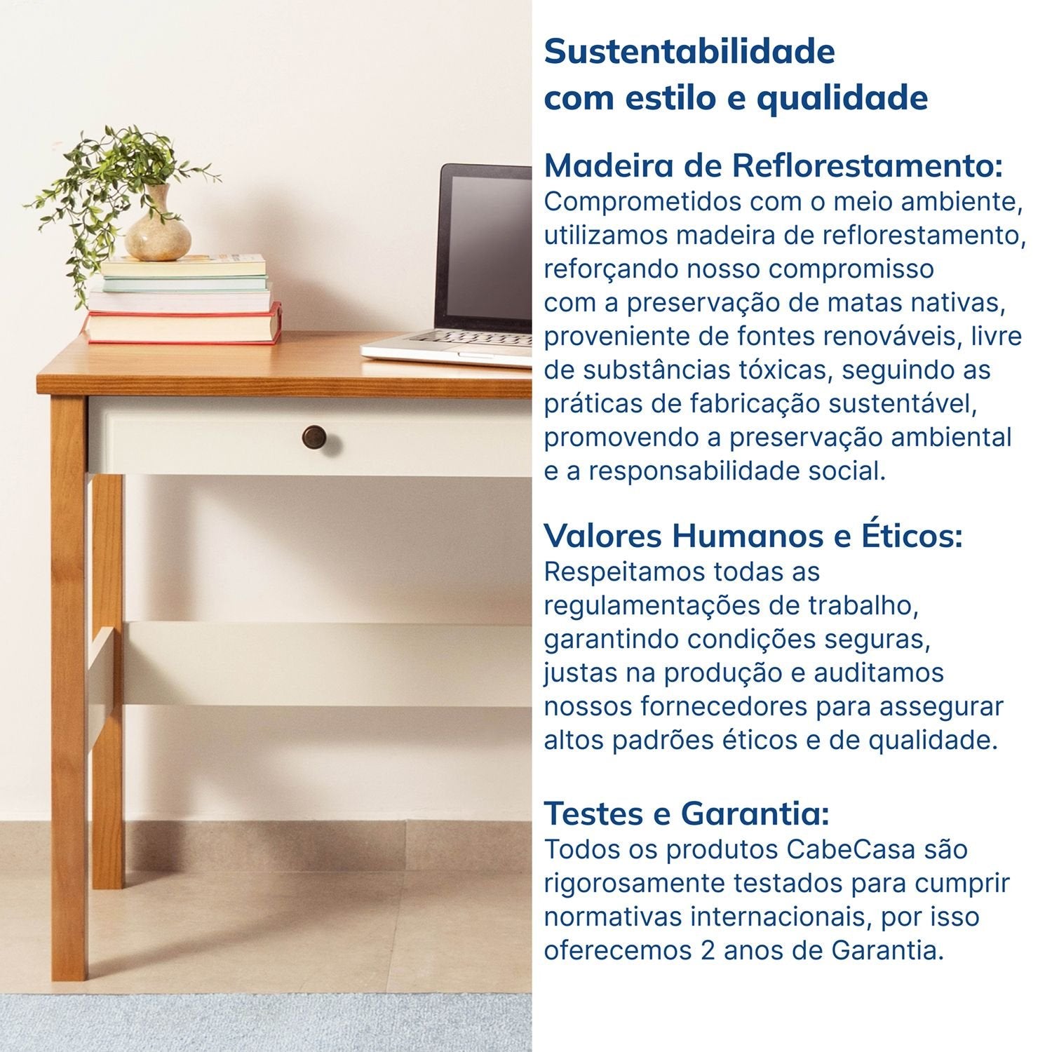 Escrivaninha Mesa Escritório Ananda 2 Gavetas 120cm MDF CabeCasa MadeiraOriginals Off-White e Mel Marrom