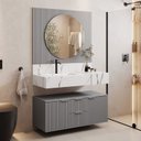 Conjunto para Banheiro Bancada Porcelanato Cuba Esculpida Armário Espelho Ripy Bumi 100cm Amarelo/Wood