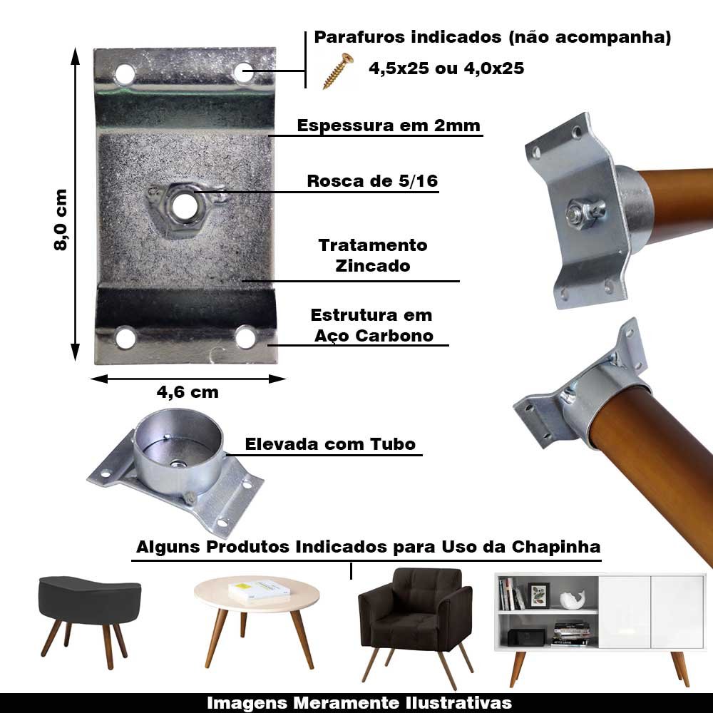 Kit 18 Chapinhas Chapa Elevada com Tubo Fixação Pés Palito Rosca 5/16 Zincada Gran Belo