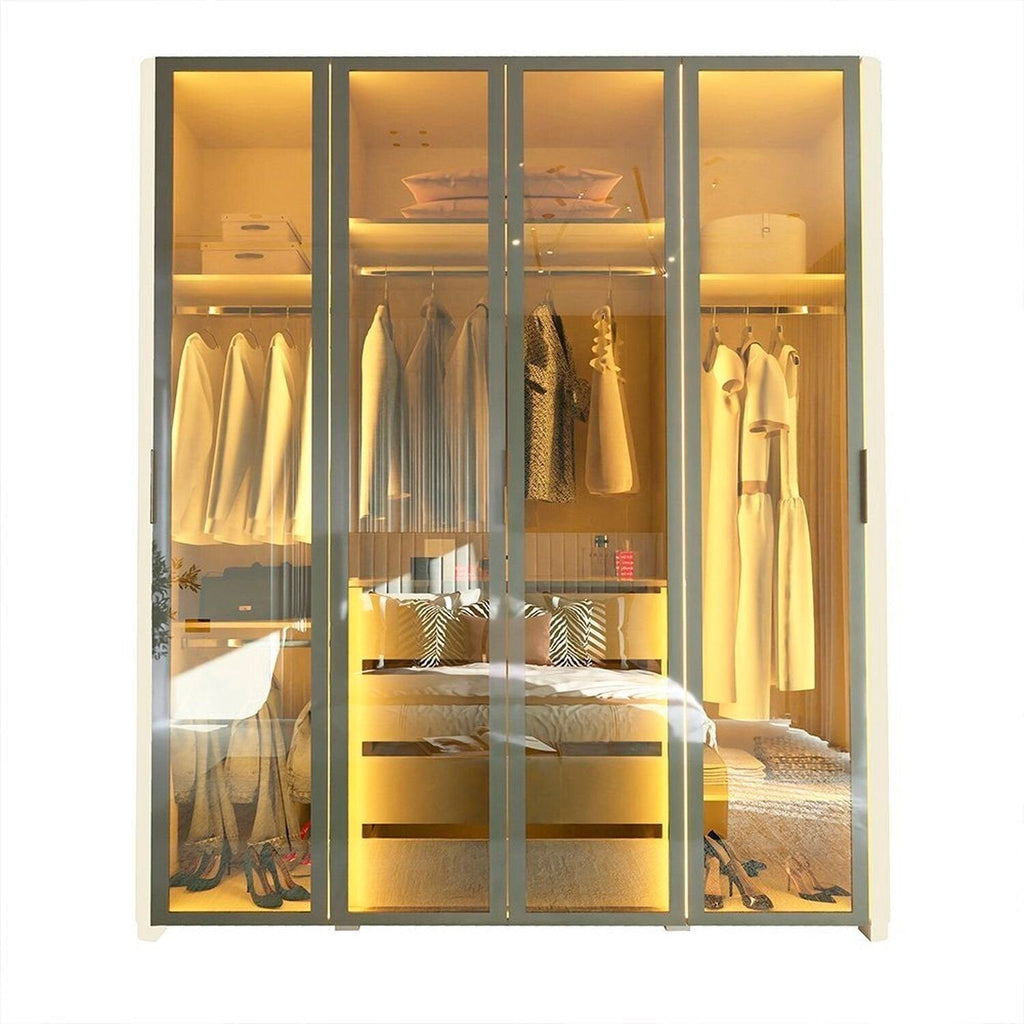 Guarda-Roupa Solteiro 4 Portas Reflecta com Pés e LED 100% MDF Innova Gelius Móveis Bege/Off White