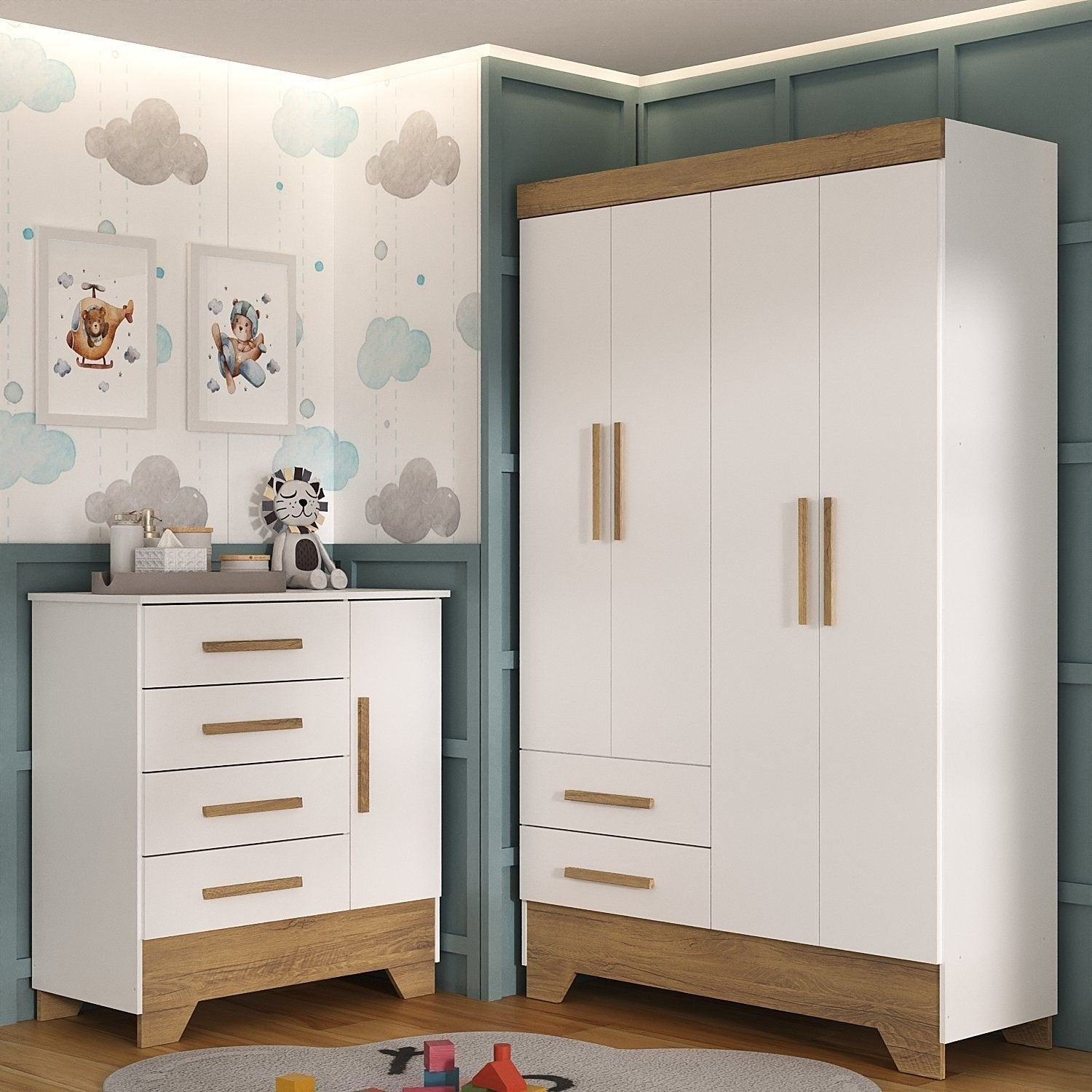 Quarto Infantil Completo Guarda-Roupa 4 Portas 2 Gavetas com Cômoda Liz Espresso Móveis