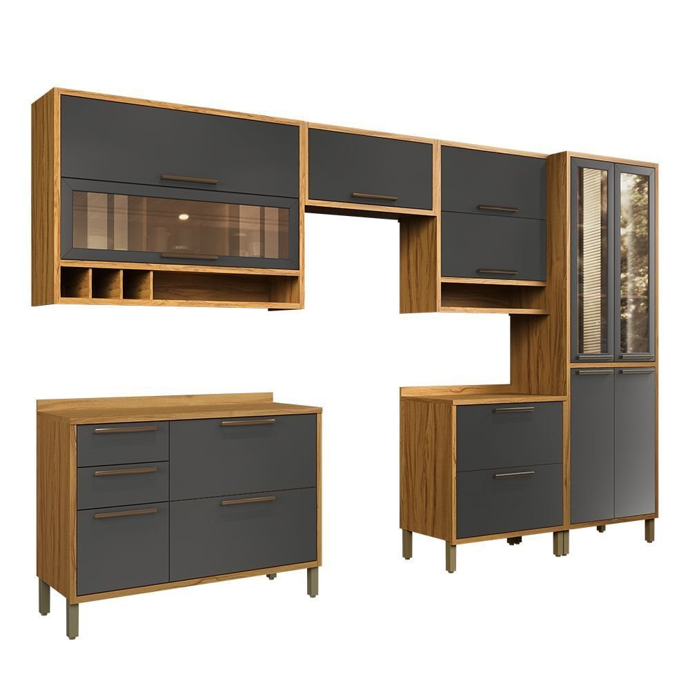 Cozinha Completa Modulada 100% MDF Vicenza Espresso Móveis 6 Peças 12 Portas 4 Gavetas Vidro Amêndoa/Chumbo 354,5x225x47cm