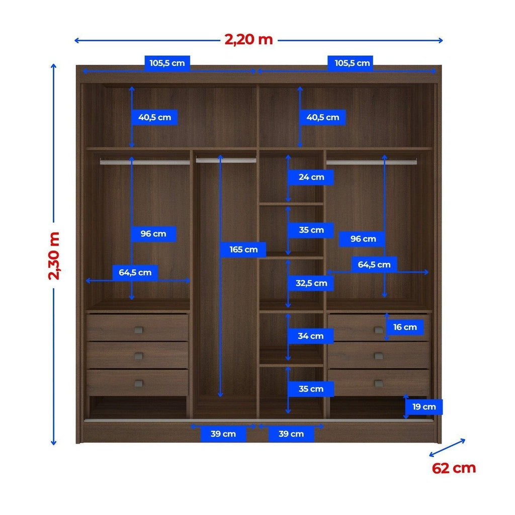 Guarda-Roupa Casal 2 Portas de Correr 6 Gavetas 100% MDF Coliseu D Doro Marrom/Castanho/Off White