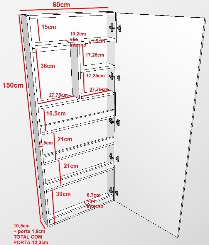 Espelheira Suspensa para Banheiro Marcenaria BrasilWeb com Porta Espelhada 60cm Branco