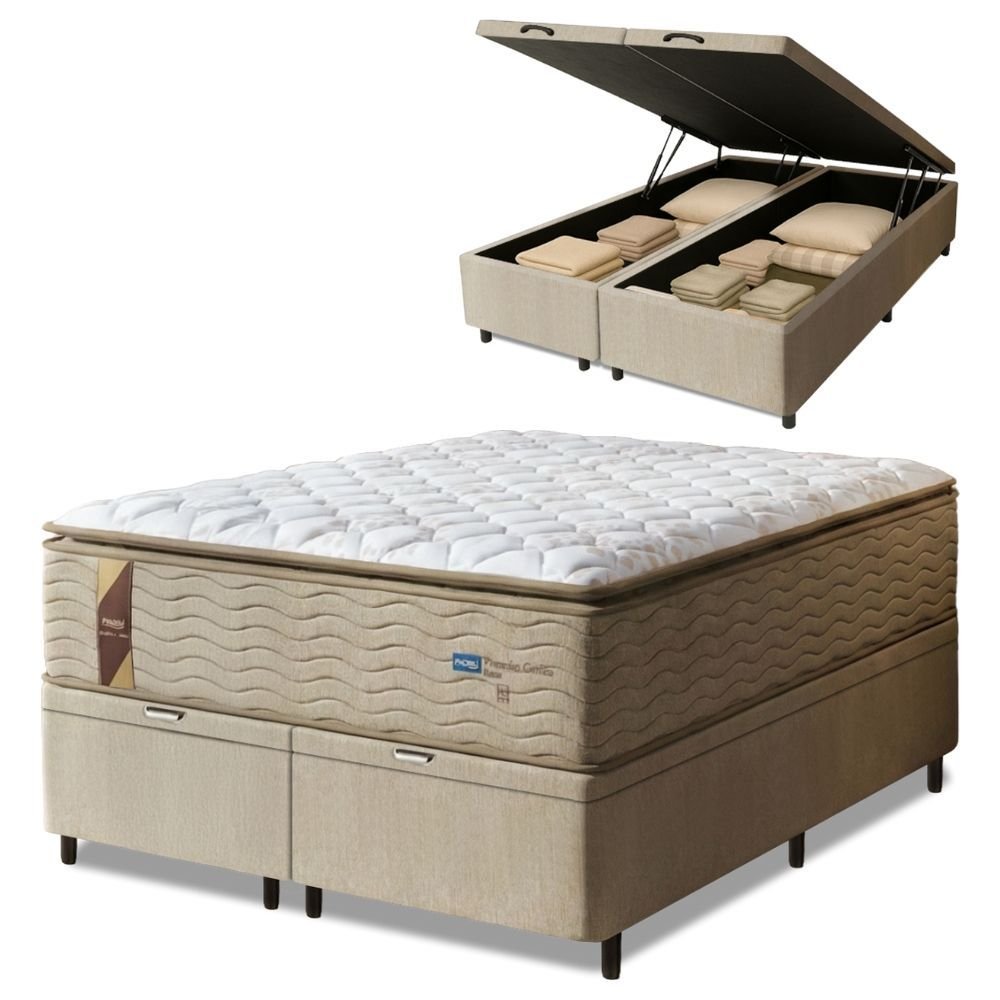 Cama Box Baú Colchão Casal Queen Probel Guarda Costas Max Pillow Top 158x198x81cm Bege