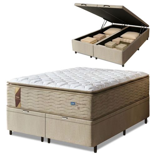 Cama Box Baú Colchão Casal Queen Probel Guarda Costas Max Pillow Top 158x198x81cm Bege