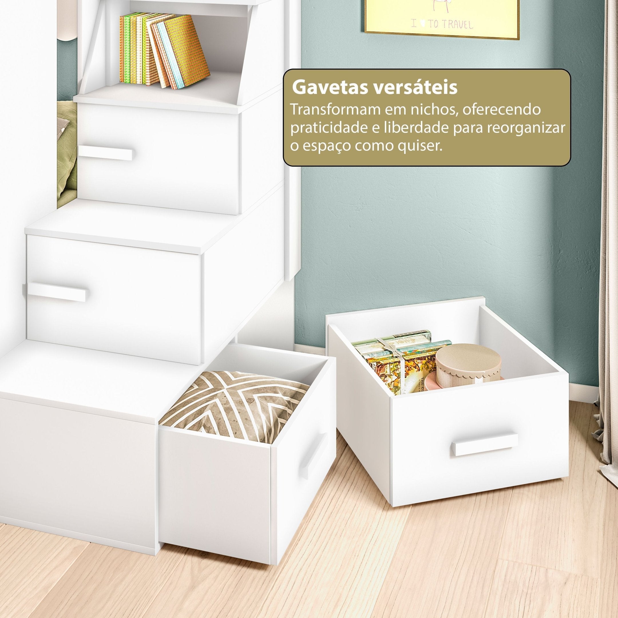 Beliche Office Infantil Moon com Escrivaninha em L e Escada 2 Portas e 2 Gavetas Yescasa Branco