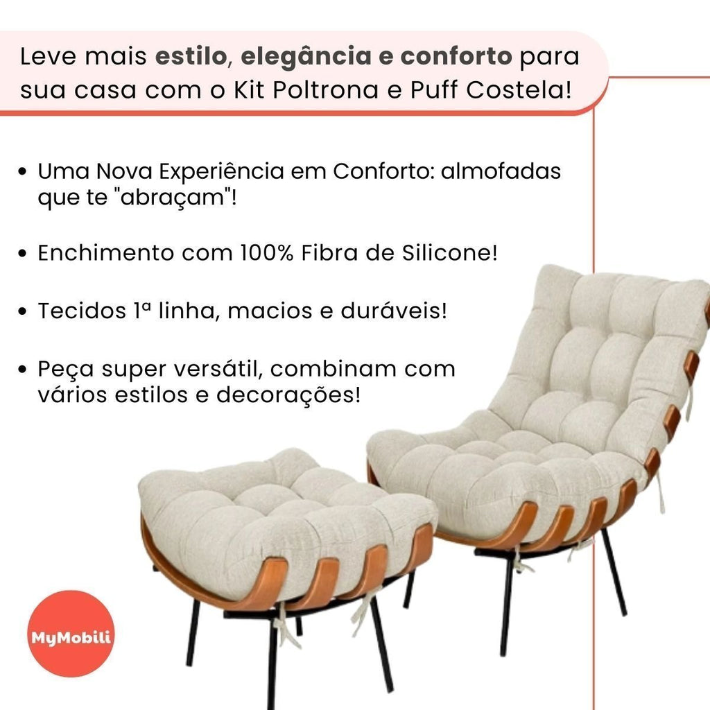 Poltrona Costela de Adão com Puff Linho Bege Claro Via212