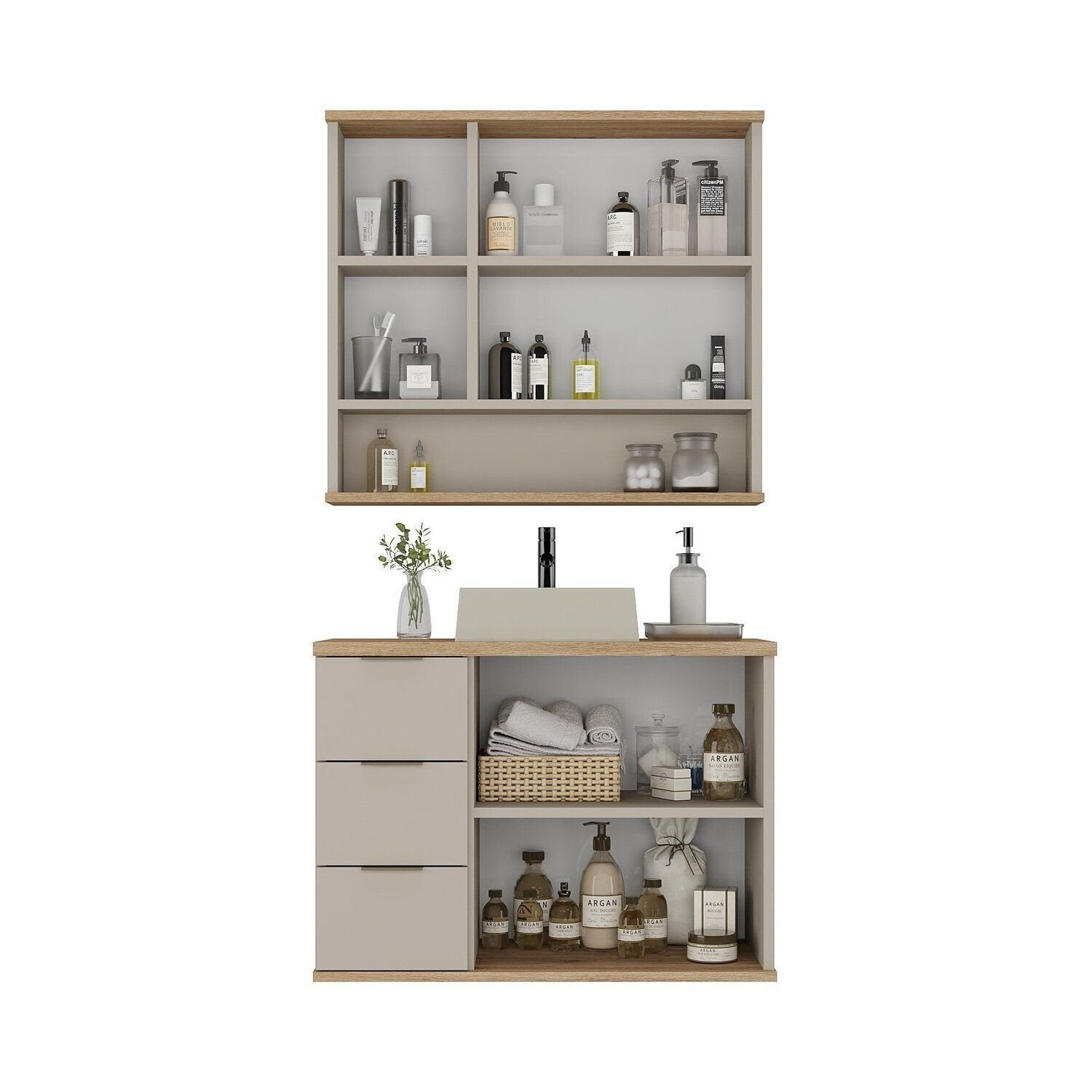Conjunto para Banheiro Gabinete Suspenso com Cuba e Espelheira Aqua Estilare 76cm Bege/Panna/Carvalho