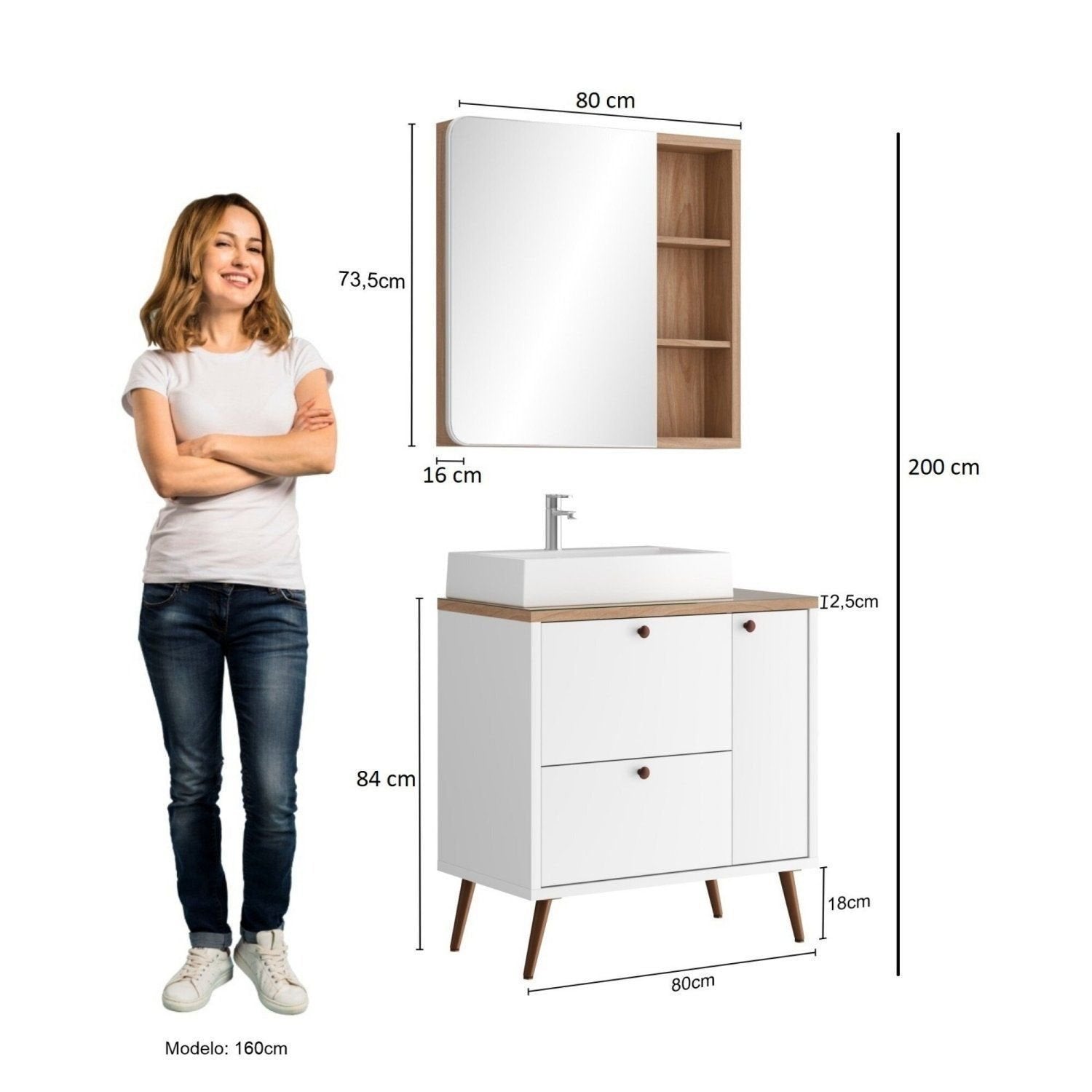 Conjunto para Banheiro Gabinete com Pés Cuba e Espelheira Madri Móveis Bosi 80cm Branco/Tauari