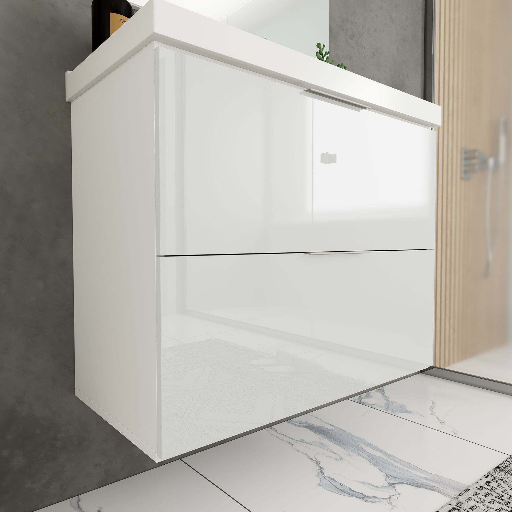 Conjunto para Banheiro Gabinete com Cuba e Espelheira Pietra Móveis Bosi 80cm Branco/Brilho