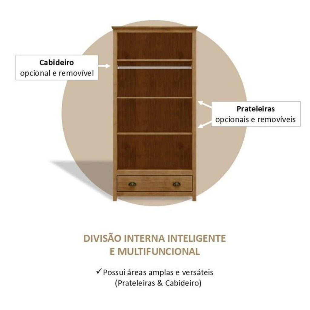 Conjunto Infantil Guarda-Roupa 2 Portas e Cômoda 8 Gavetas 100% Madeira Maciça Topázio Finestra Marrom/Freijó