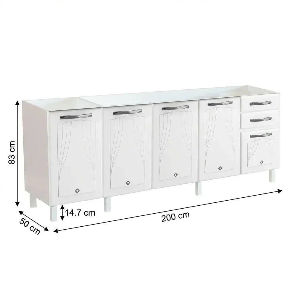 Balcão de Cozinha em Aço 5 Portas 2 Gavetas sem Tampo 200cm Star New Telasul Branco