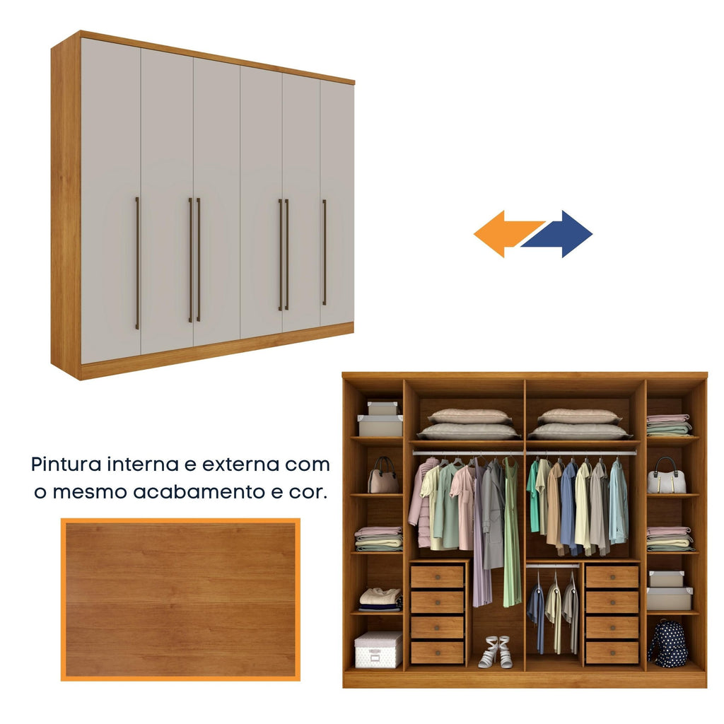 Guarda-Roupa Casal 6 Portas 8 Gavetas Portugal Yescasa 100% MDP/MDF Marrom/Cinamomo/Off White