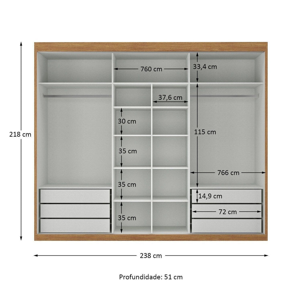 Guarda-Roupa Casal 3 Portas de Correr 6 Gavetas Spazio Yescasa MDP Off White/Cinamomo