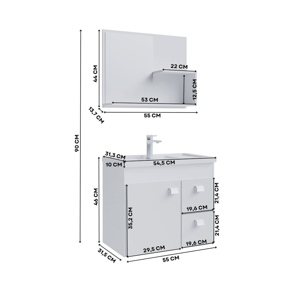Conjunto para Banheiro Gabinete Suspenso com Cuba e Espelheira Isa MGM Móveis 55cm Marrom/Amêndoa/Off White