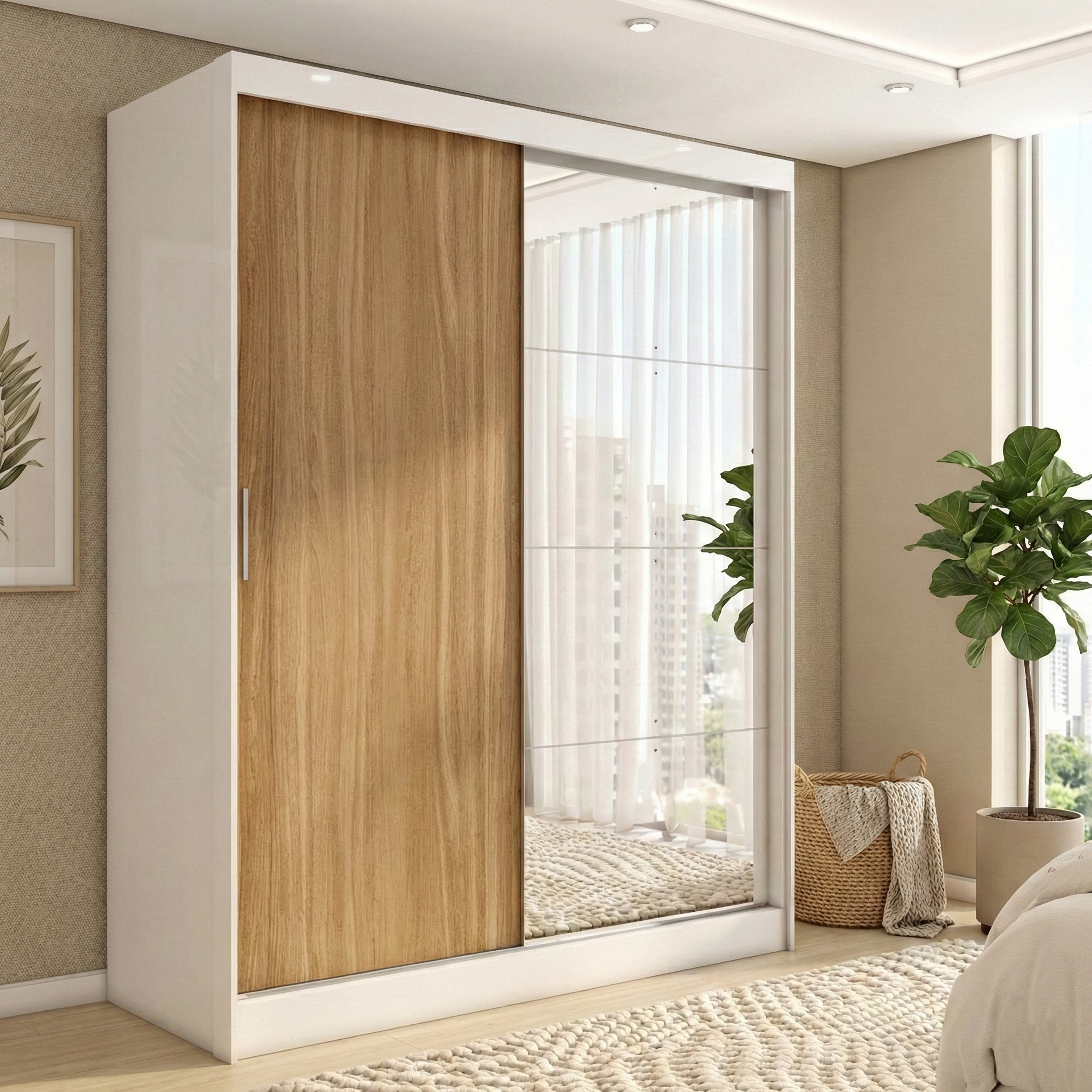Guarda-Roupa Casal 2 Portas de Correr 4 Gavetas London Demóbile 100% MDF Branco/Amêndola