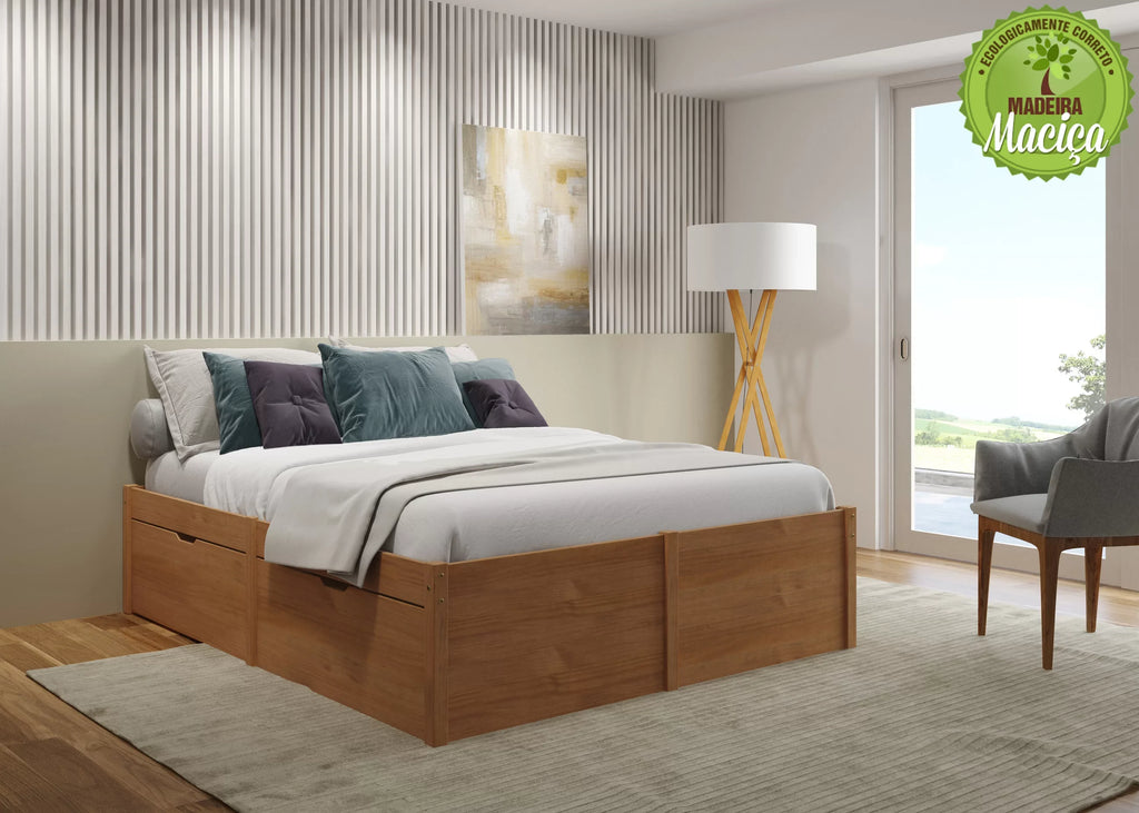Cama Casal 4 Gavetas Madeira Maciça Beauty Marrom/Amêndoa