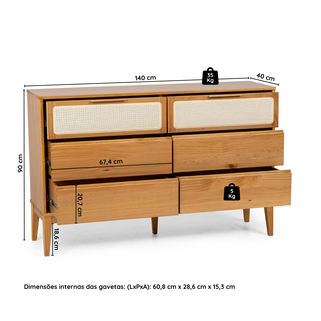Cômoda 6 Gavetas Madeira Maciça com Telinha Rattan Viena Mel Marrom Artemobili