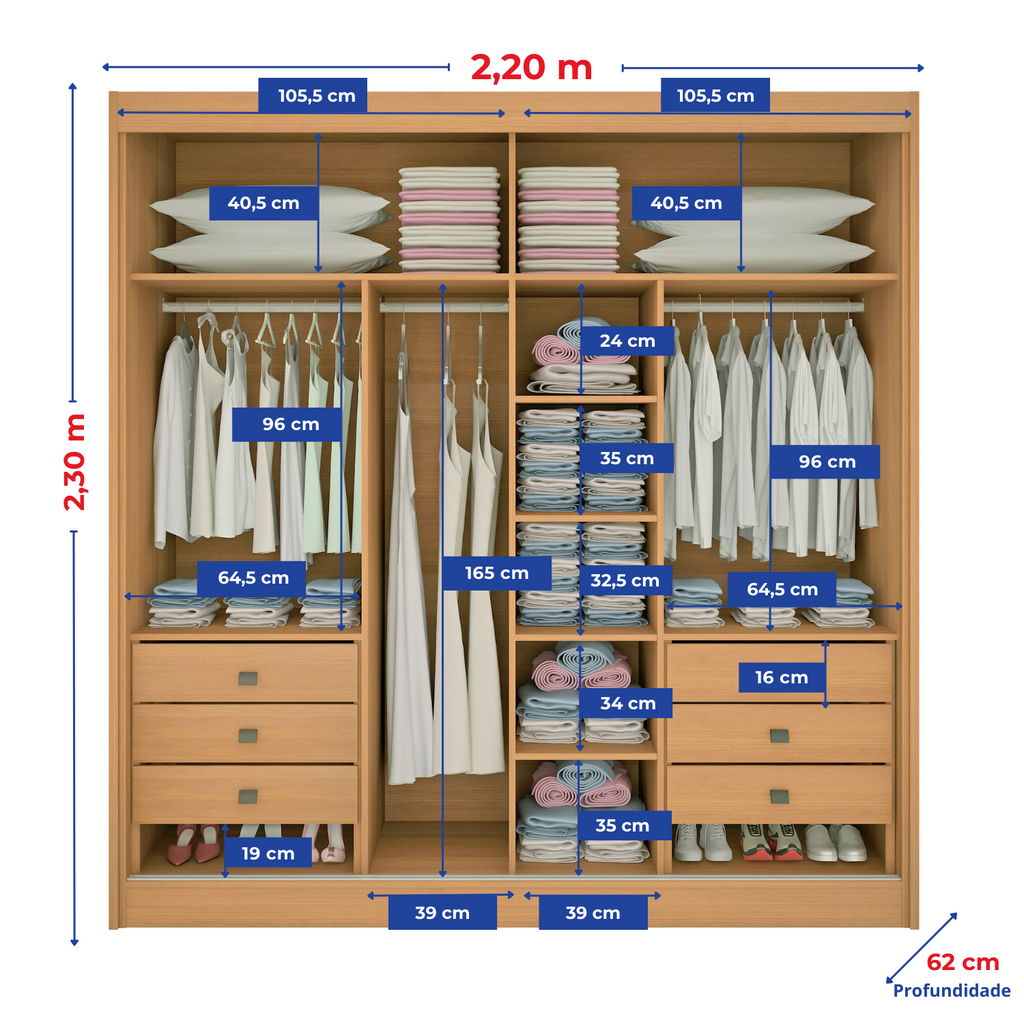 Guarda-Roupa Casal 2 Portas de Correr 6 Gavetas Hawai D Doro MDF Marrom/Cinamomo/Off White