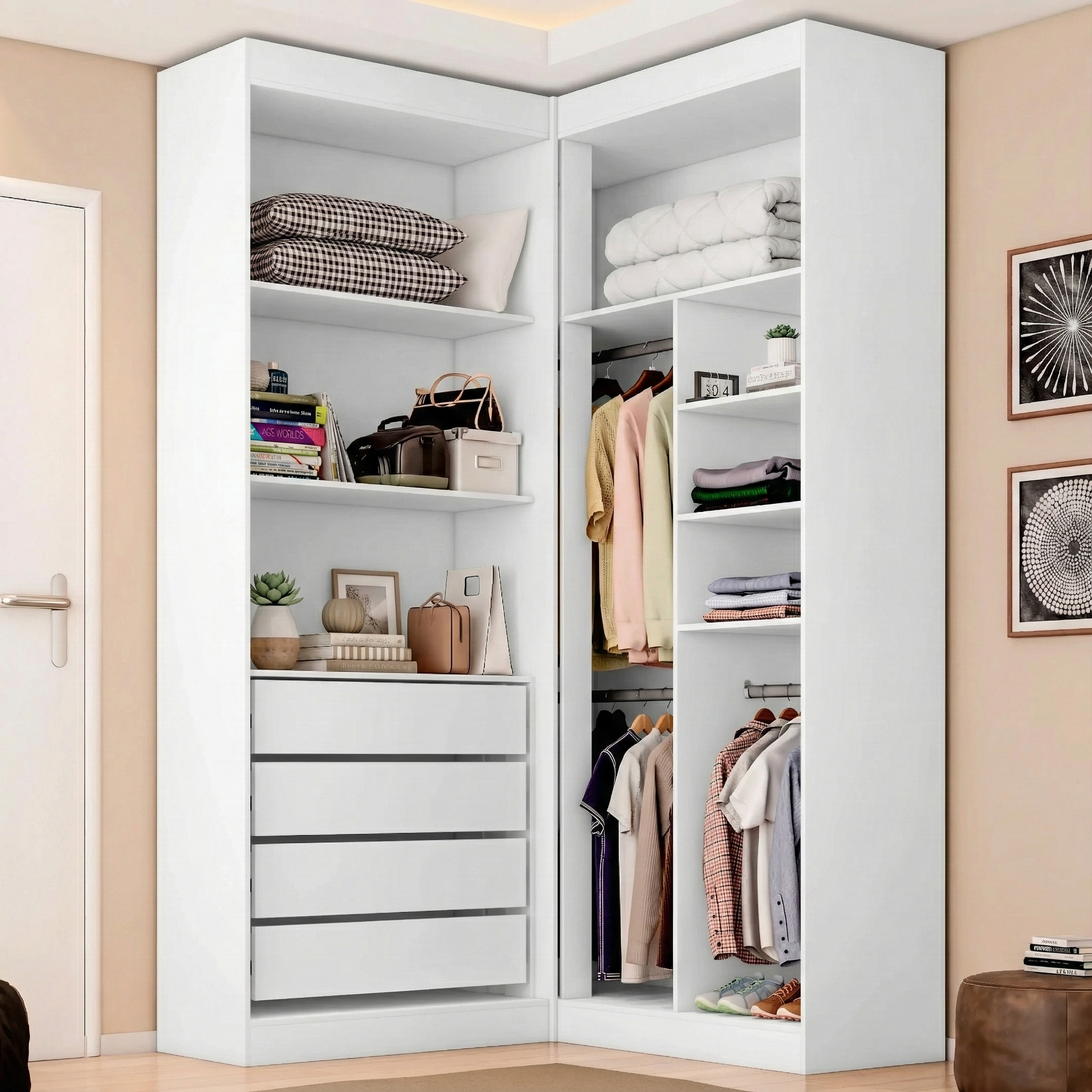Guarda-Roupa Casal Canto 4 Portas 4 Gavetas Versatille Yescasa MDP Branco