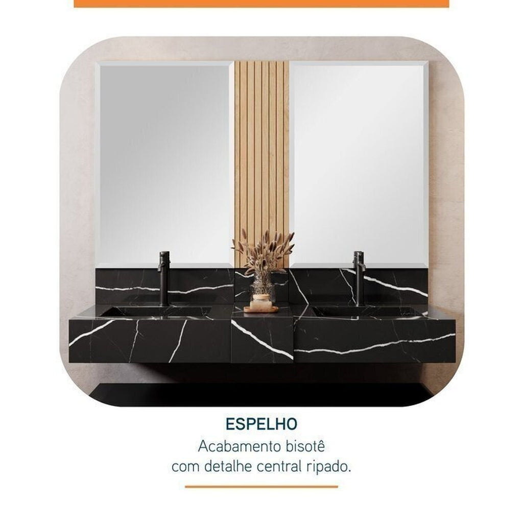 Conjunto para Banheiro Bancada em Porcelanato com Cuba Esculpida, Armário e Espelho Ripy Bumi 120cm Amarelo/Wood/Travertino