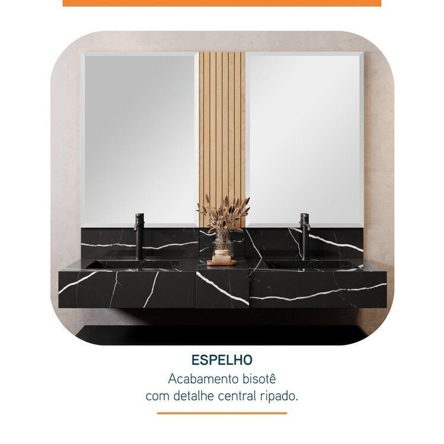 Conjunto para Banheiro Bancada em Porcelanato com Cuba Esculpida, Armário e Espelho Ripy Bumi 120cm Amarelo/Wood/Travertino