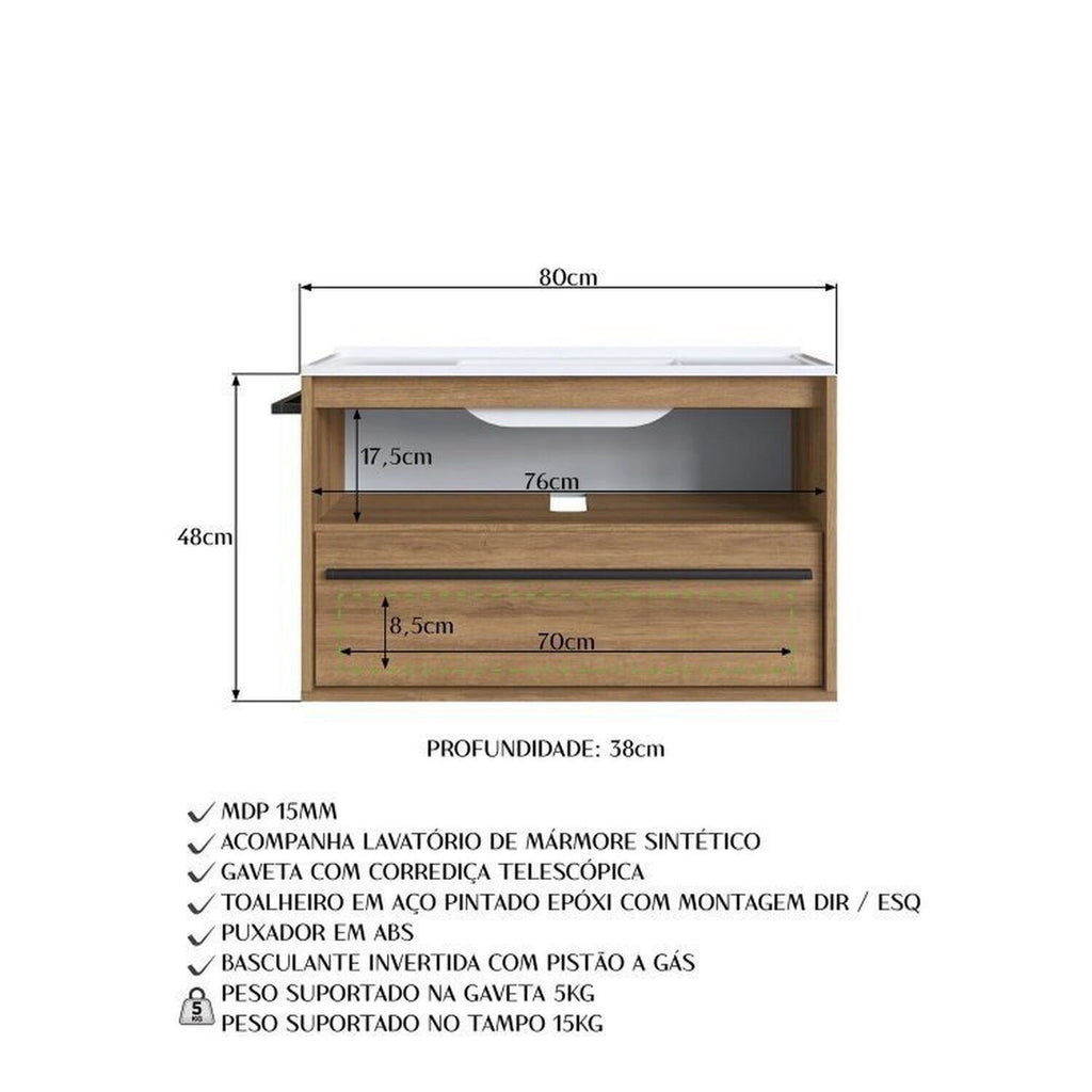Conjunto para Banheiro Gabinete Suspenso 80cm com Cuba e Espelheira Prodecor CJ8030.20 Marrom/Mel