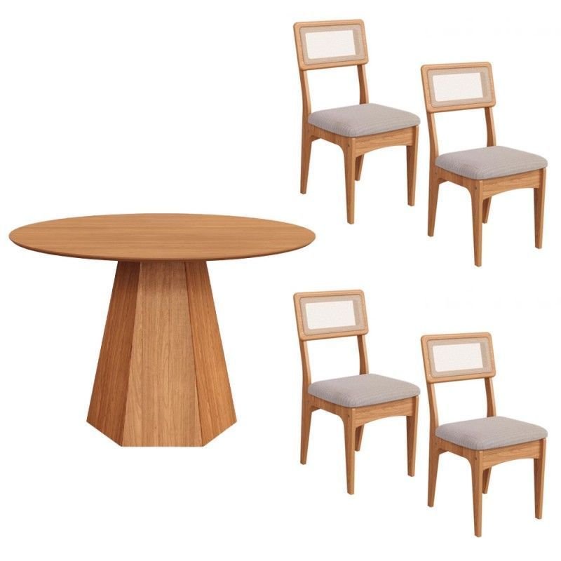 Conjunto Sala de Jantar Mesa Lisboa Hexagonal Freijó com 4 Cadeiras Palha Sintética 100% MDF Dalla Costa TM80 CA39
