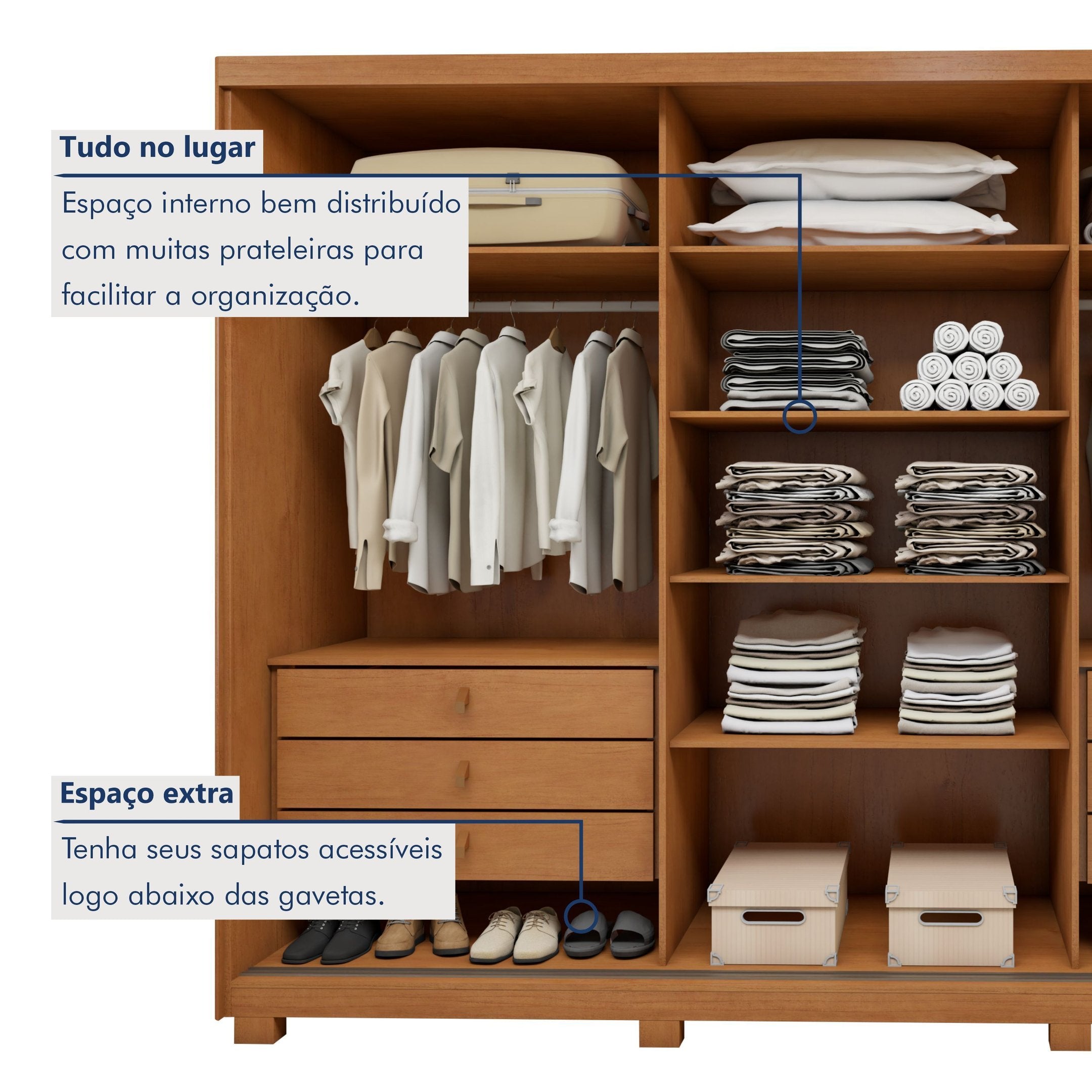 Guarda-Roupa Casal 3 Portas 6 Gavetas com Pés MDF 274cm Ollie Yescasa Marrom Amêndoa Clean/Off White