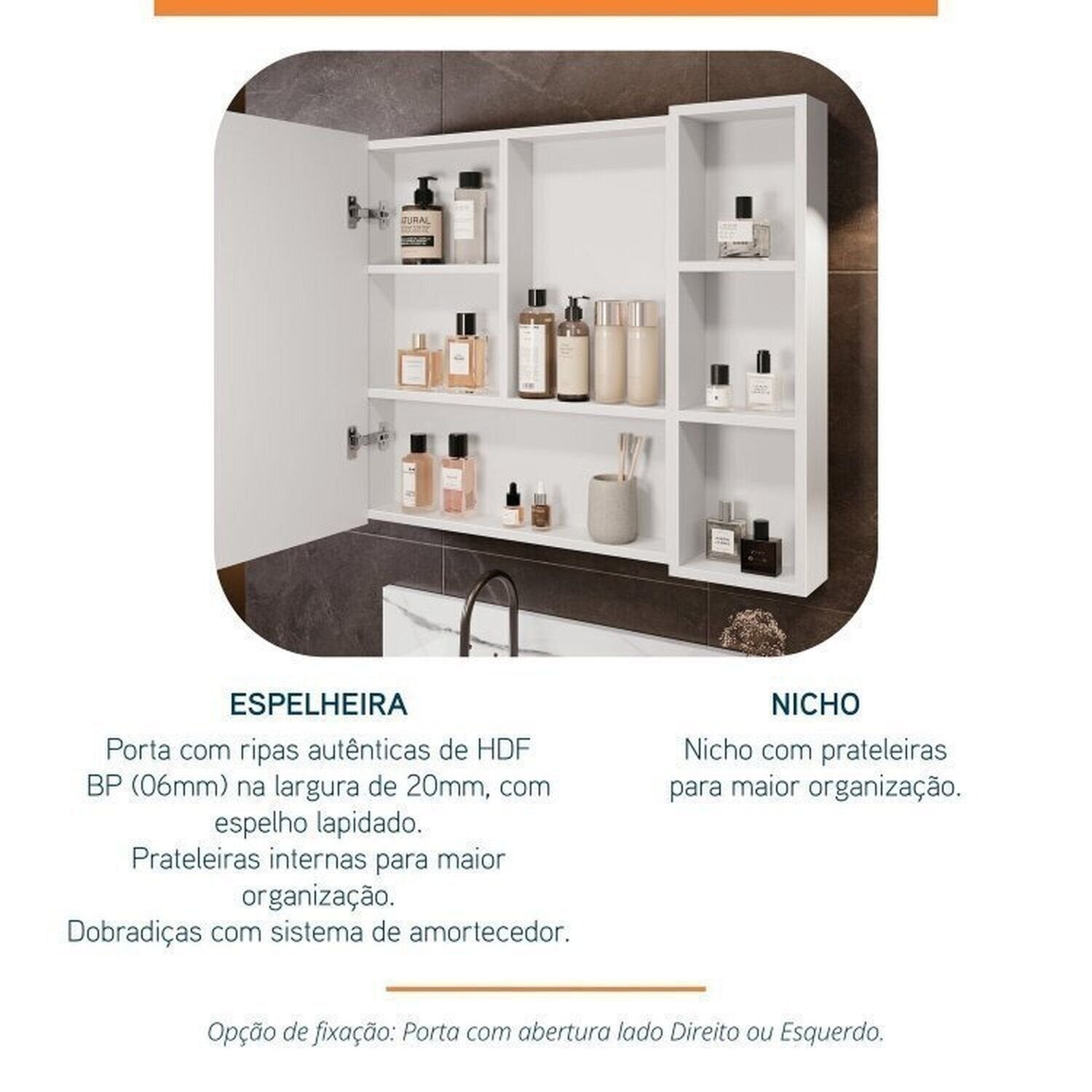 Conjunto para Banheiro Bancada em Porcelanato com Cuba Esculpida, Armário e Espelheira Ripy Bumi 80cm Branco