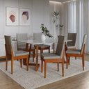 Conjunto Mesa com Vidro Pés Madeira Maciça 6 Cadeiras Madeira Dakota Tecido A40 Marrom Móveis Meneghetti