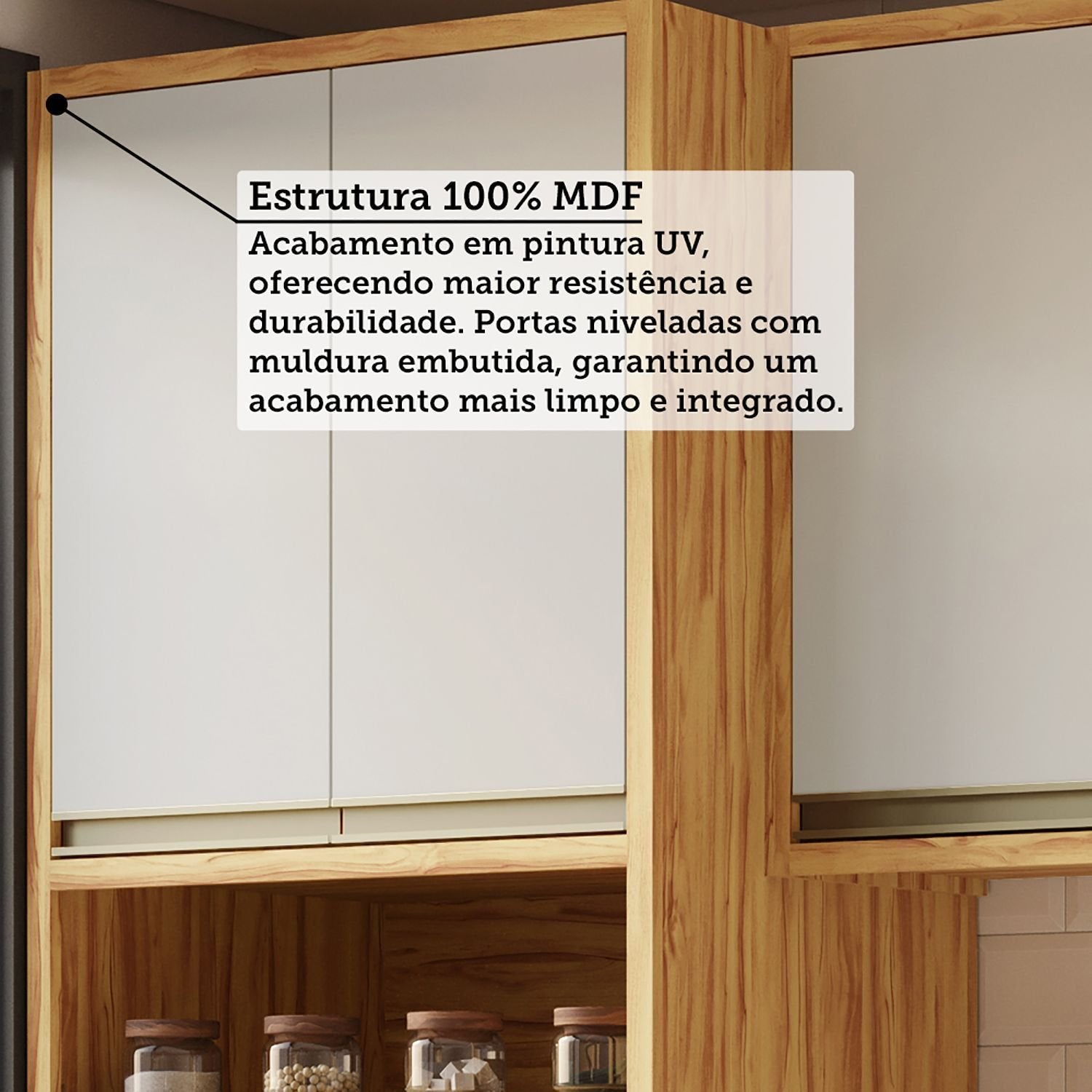 Cozinha Completa Modulada Barbados 7 Peças 16 Portas com Vidro e Tampo 100% MDF Espresso Móveis Bege/Amêndoa/Off White