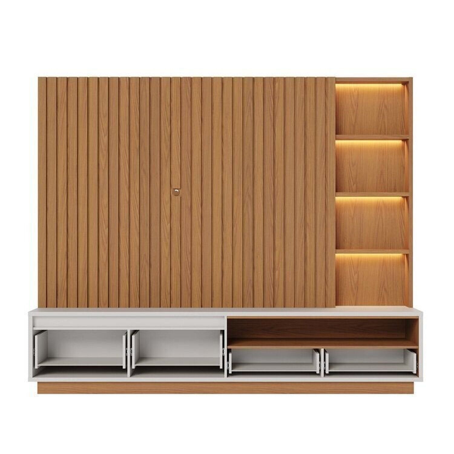 Conjunto Sala de Estar Home Theater Ripado para TV até 82 Polegadas 240cm com LED Cristaleira e Buffet 4 Portas Colibri Marrom Freijó/Off White Matte