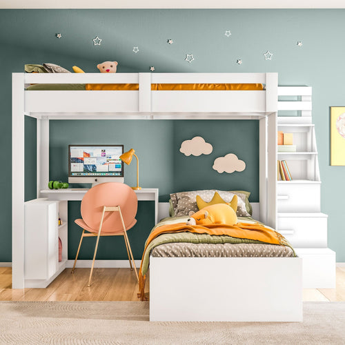 Beliche Office Infantil Moon com Escrivaninha em L e Escada 2 Portas e 2 Gavetas Yescasa Branco