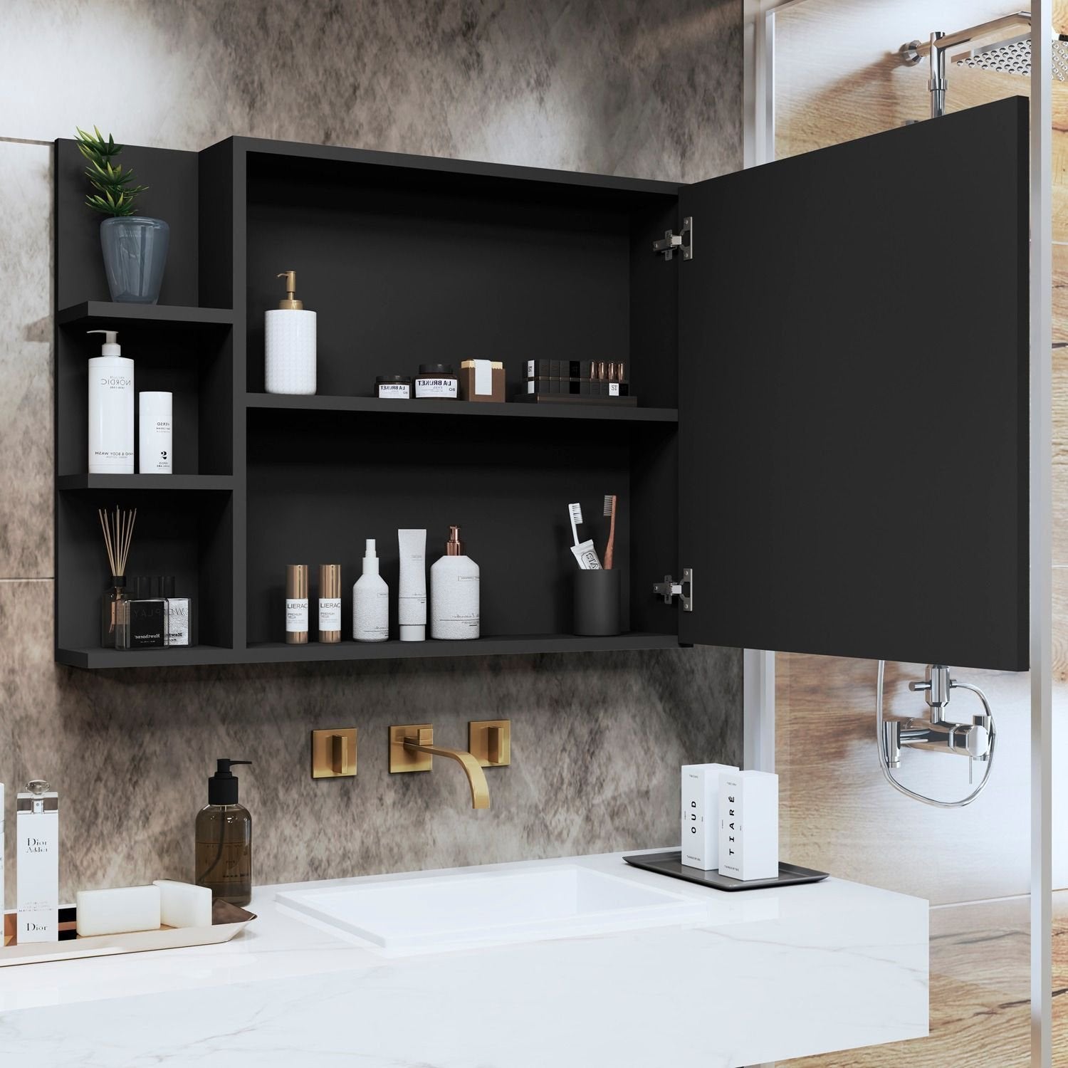 Espelheira Suspensa para Banheiro Iris J2L com Porta Espelhada e Nichos 60cm Preto