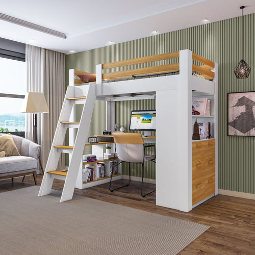 Cama Alta Beliche Office Adulto Multifuncional com 6 Gavetas Micenas Yescasa Branco/Freijó