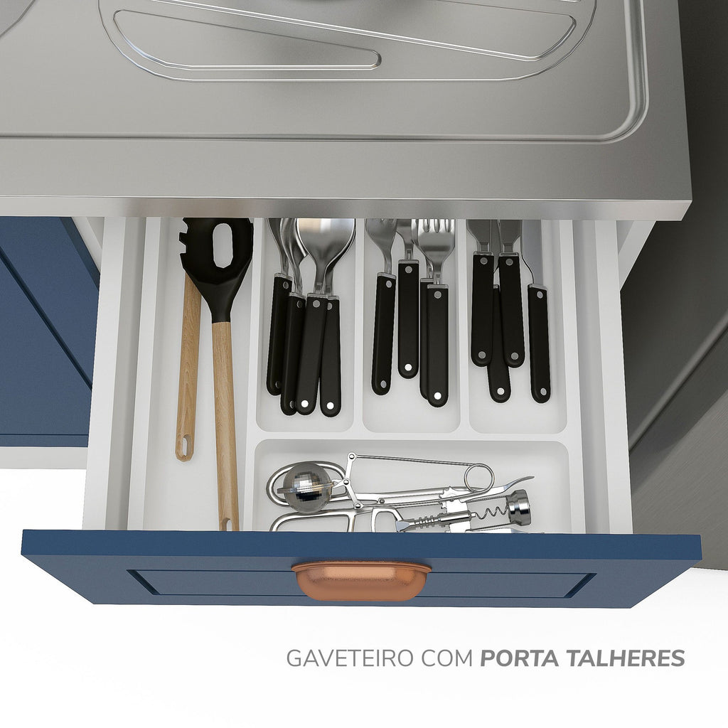 Balcão de Cozinha 2 Portas 3 Gavetas 120cm Pérola Yescasa Branco/Azul