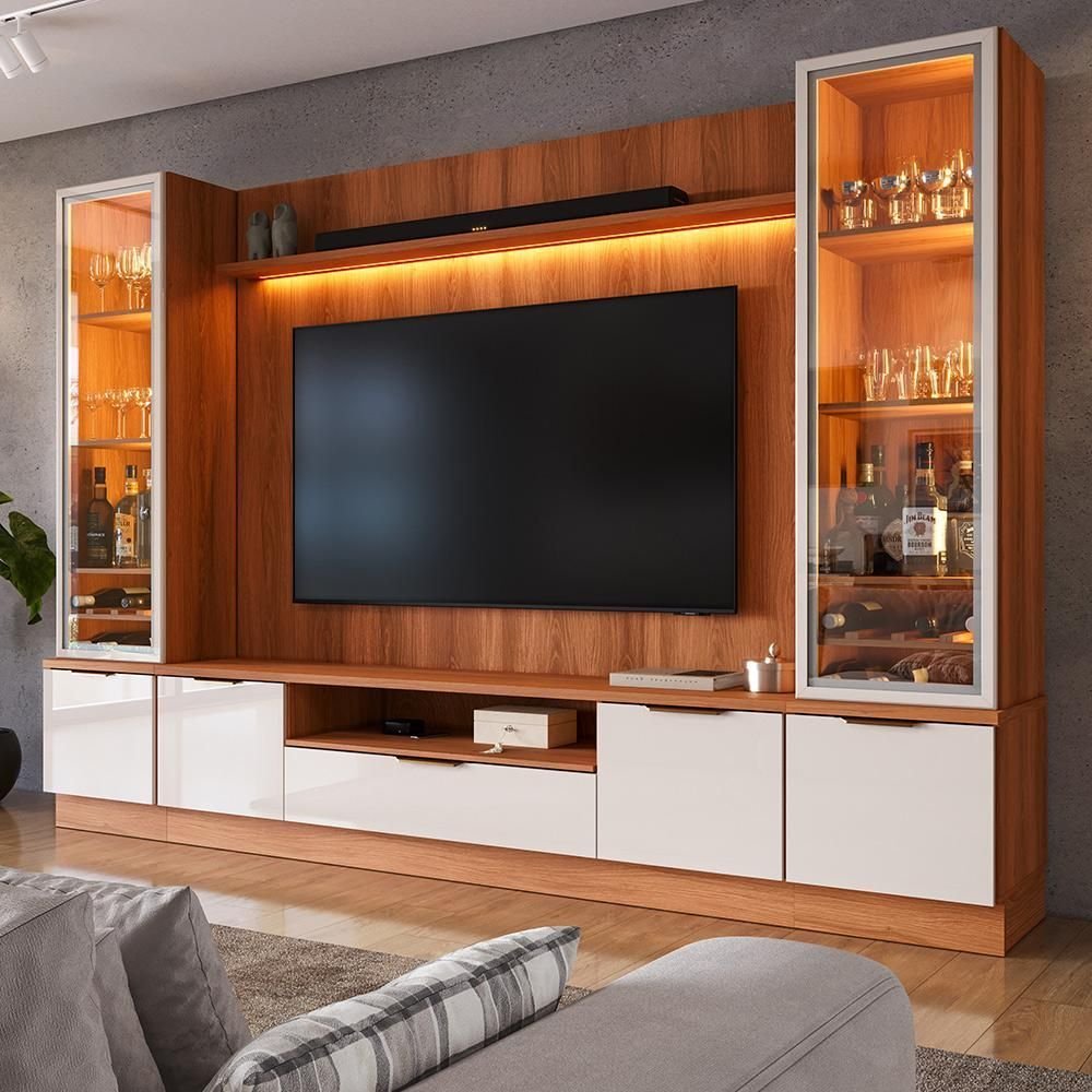 Estante Home Noble 270cm para TV até 75 Polegadas com 2 Cristaleiras Portas Reflecta e LED Movelove
