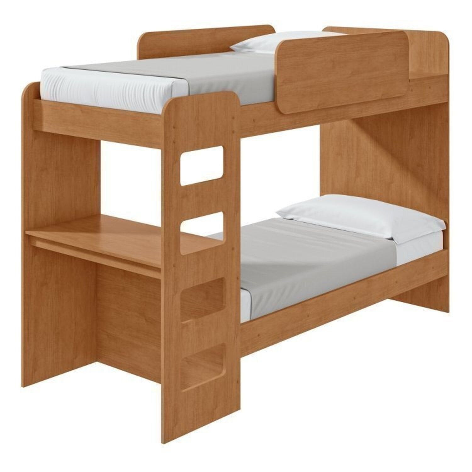 Kit Quarto Infantil 4 Peças com Beliche Olga Cômoda e Mesa de Cabeceira Baião Marrom Amêndoa Clean Móveis Lopas