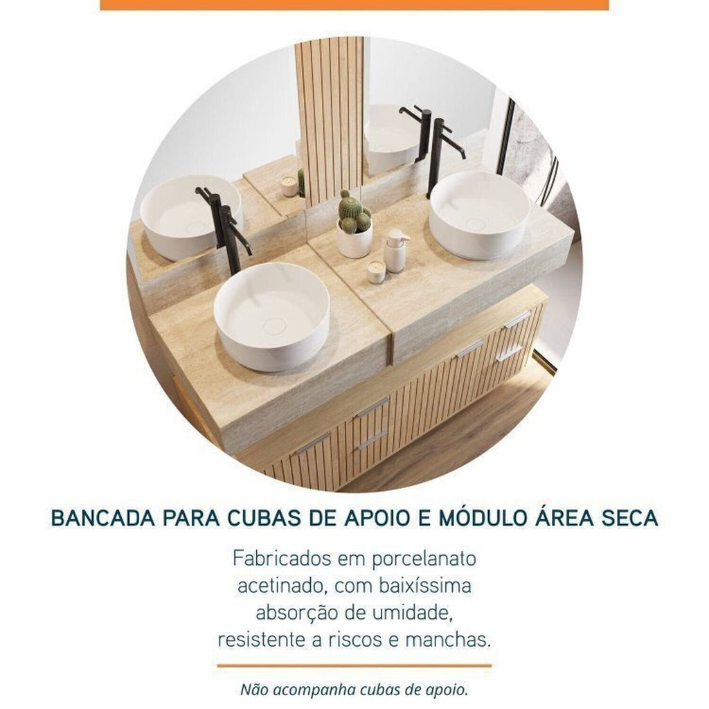 Conjunto para Banheiro Bancada Porcelanato Cuba Apoio Armário Espelho Ripy Bumi 120cm Amarelo/Wood/Travertino